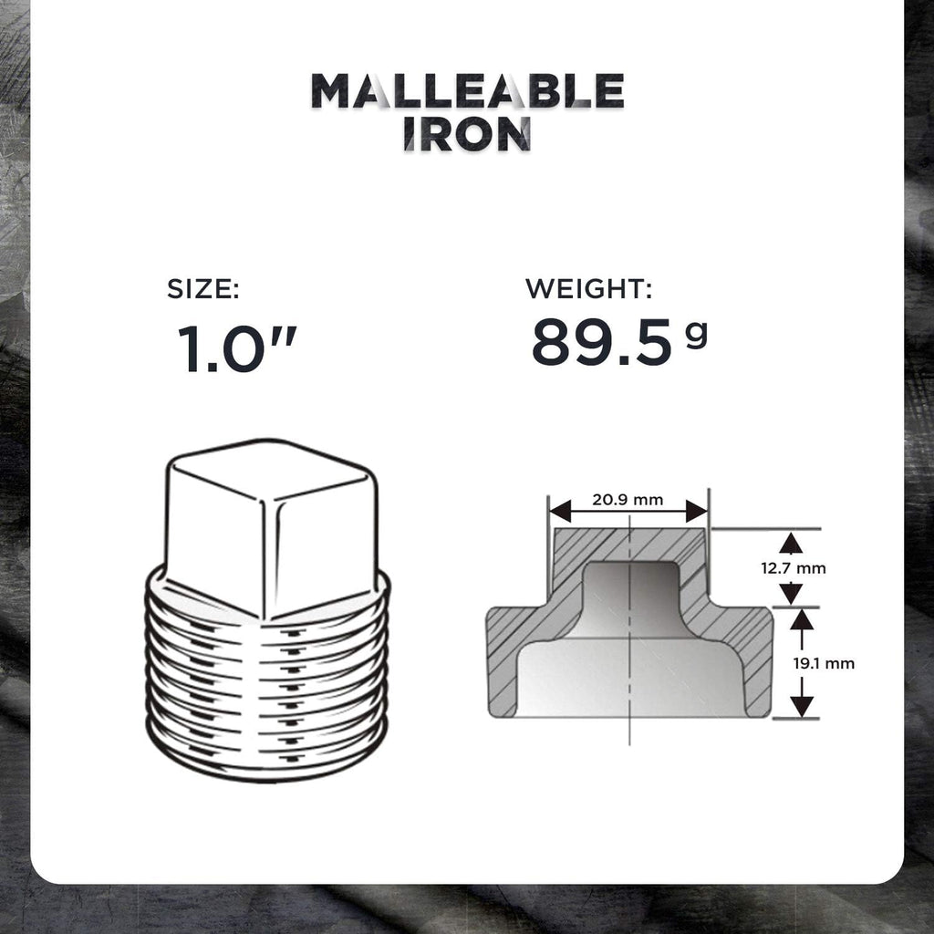 SUPPLYGIANT BMPL1000S-5 BMPL1000-5 Black Pipe Fitting, Malleable Iron Plug with Square Head Threaded Connector 1 Inch (Pack of 5)