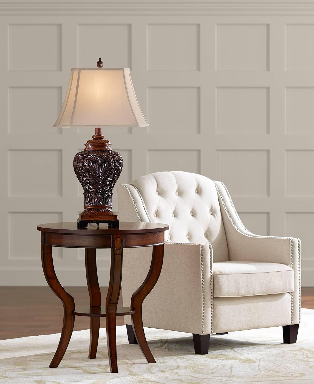 Barnes and Ivy Leafwork Traditional 3-Way Table Lamp 32 1/2' Tall with Dimmer and USB Charging Port Bronze Brown Tan Rectangular Shade for Bedroom Living Room Nightstand Bedside Night Stand Office