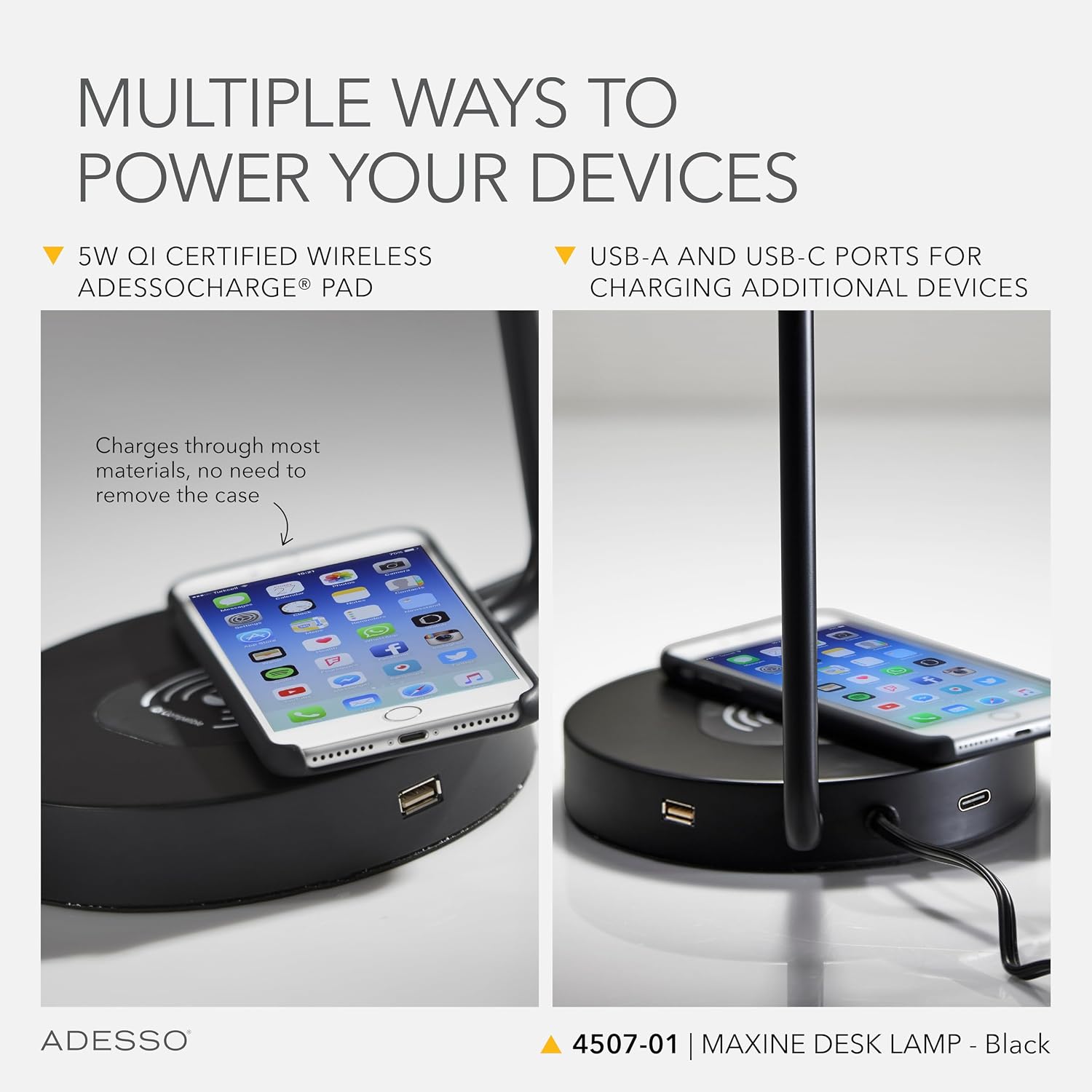 Adesso Desk Lamp – Qi Wireless Charging for Smartphones & USB Port, Adjustable Shade Black and Brass Lamp for Home Office, Dorm, Bedroom, 19' Tall