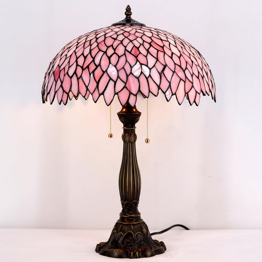 WERFACTORY Tiffany Lamp Stained Glass Style Bedside Table Lamp Pink Wisteria Desk Reading Light Resin Base 16X16X24 Inches Decor Bedroom Living Room Home Office S523P Series