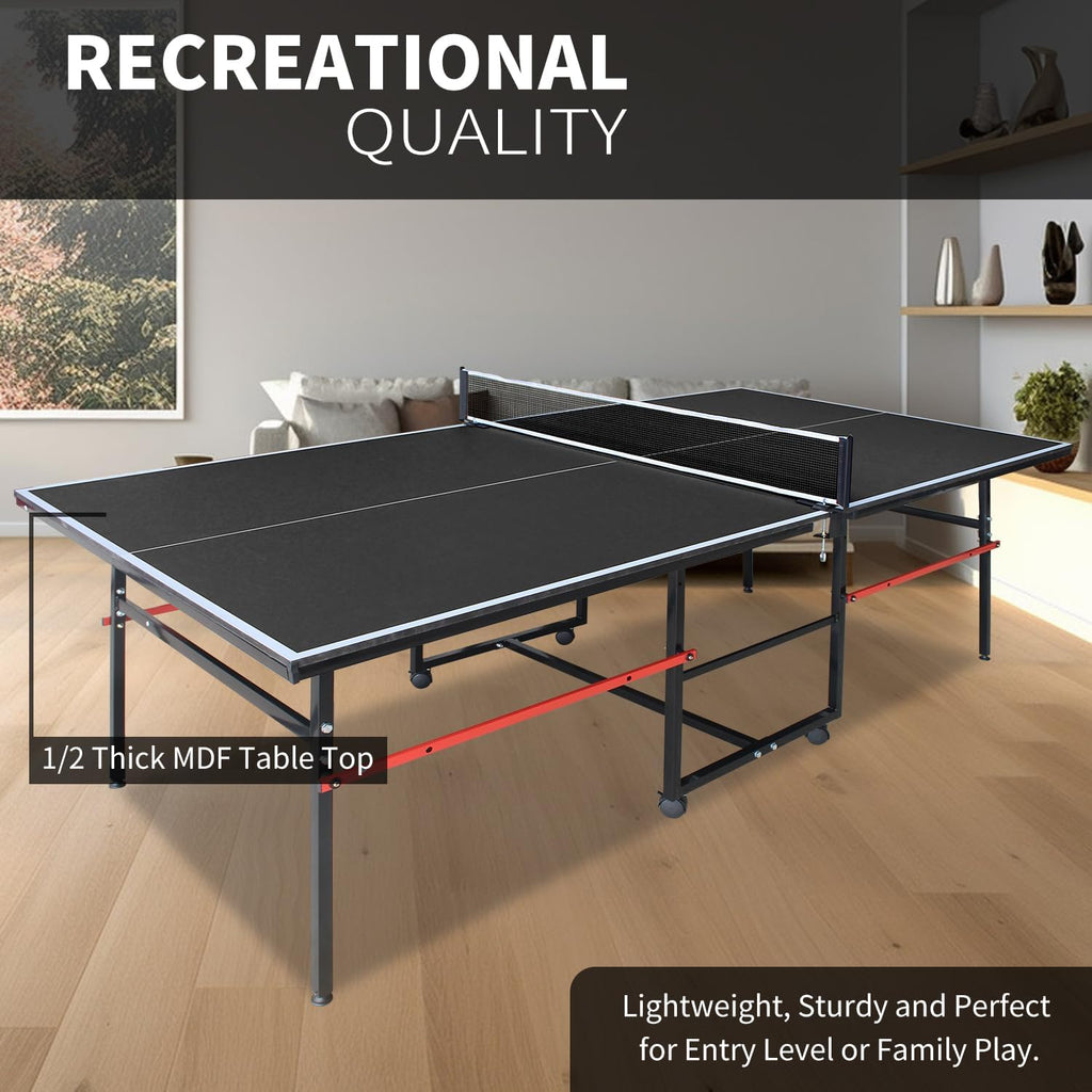 Professional Table Tennis Table, Foldable Ping Pong Game Set for Indoor, 8FT 9FT Single Player Playback Mode Ping Pong Table with Net and Post Set, 2 Paddles and 3 Balls (Black-8x4ft)