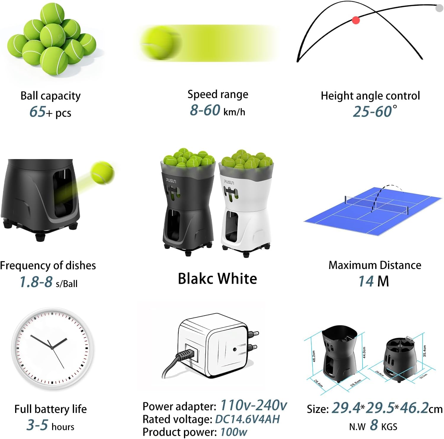 PT-MINI PRO-【Portable & Smart Tennis Ball Machine】 Perfect for Beginner Training | 65+ Ball Capacity | 3-5 Hours Battery Life | Speed 8-60km/h | Fixed Toss | Controlled via Mobile App