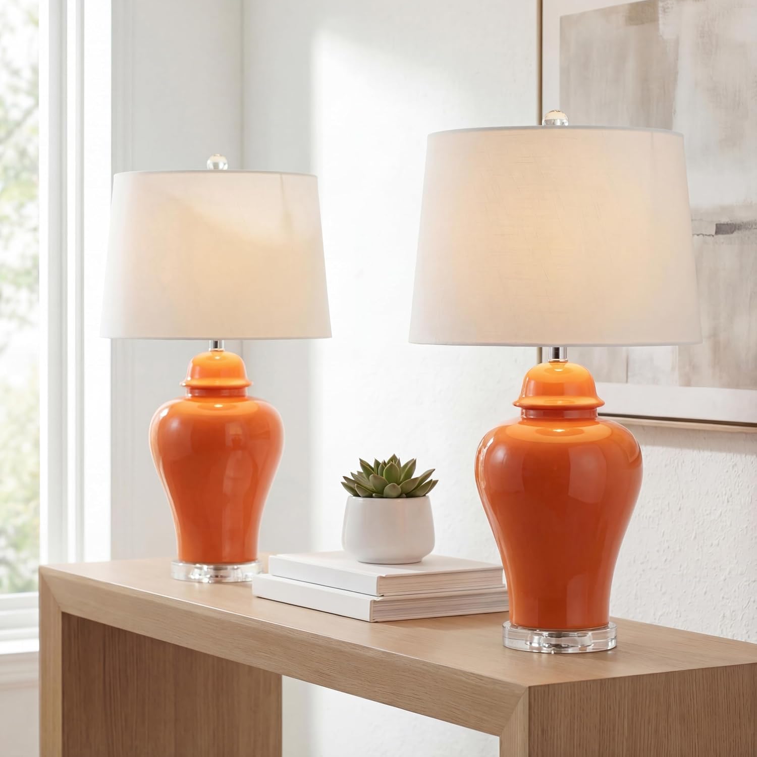 JONATHAN Y 27' Orange Ceramic Urn Table Lamp Set of 2 for Living Room, Bedside Nightstand Lamps for Bedroom, Farmhouse Decor with White Linen Shade, LED Bulbs Included (JYL4020B-SET2)