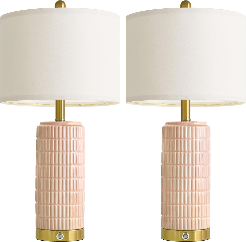 PoKat 25'' Table Lamps Set of 2 for Bedroom with 3-Way Dimmable Touch Control, Bedside Lamps with USB A+C Ports for Living Room, Modern Ceramic Pink Lamps for Kids Girls Decor (2 Bulbs Included)