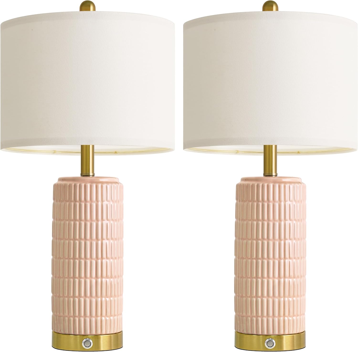 PoKat 25'' Table Lamps Set of 2 for Bedroom with 3-Way Dimmable Touch Control, Bedside Lamps with USB A+C Ports for Living Room, Modern Ceramic Pink Lamps for Kids Girls Decor (2 Bulbs Included)