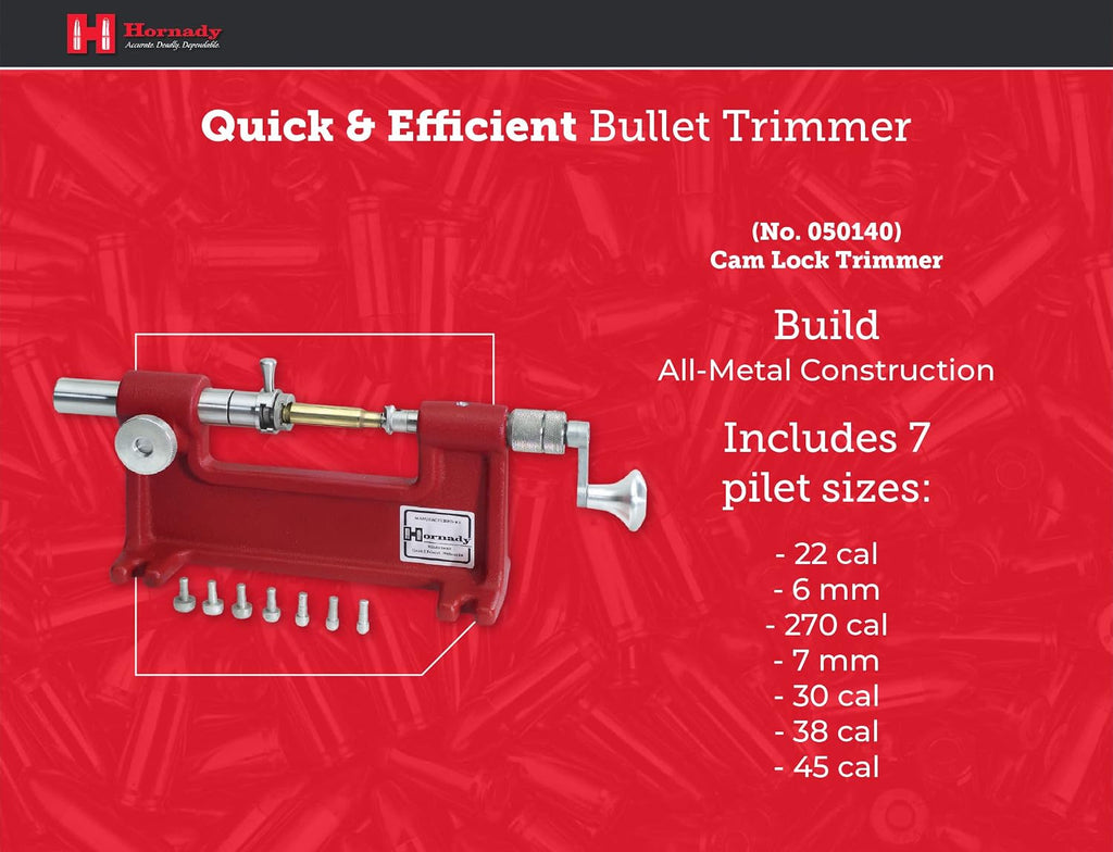 Hornady Cam-Lock Trimmer 050140 - Reloading Case Trimmer Accurately Restore Fired Cases Up to 50 Calibers - Unique Brass Trimmer with Micro Adjust Cutter, 7 Pilot Sizes, & Large Diameter Cutting Head