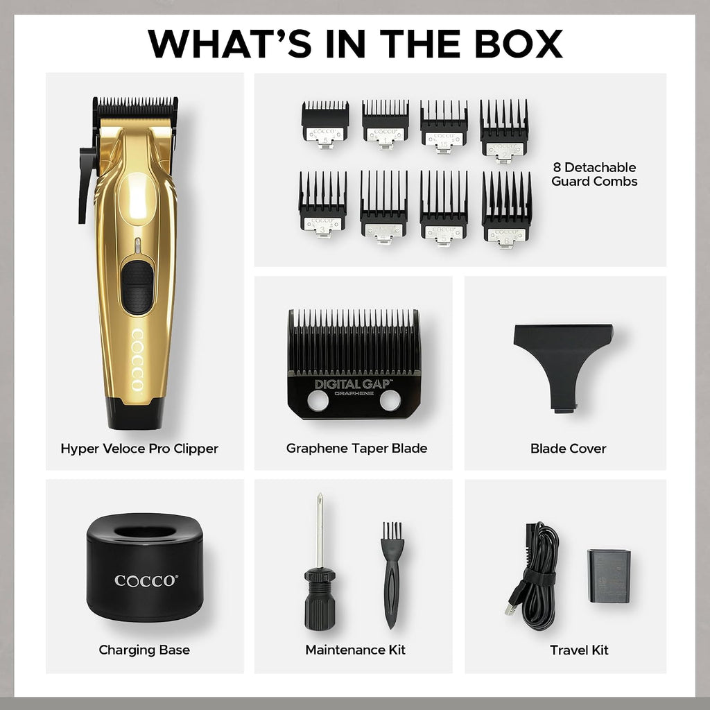 Cocco Veloce Pro Clipper, Digital Gap Ambassador Graphene Taper Blade Professional Hair Clippers, High-Torque BLDC Motor, All-Metal, Cordless, Charging Base Included