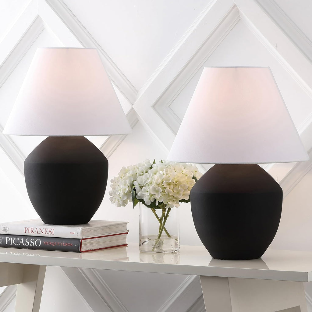 JONATHAN Y 20.5' Matte Black Minimalist Table Lamp Set of 2 for Living Room, Modern Scandinavian Bedside Lamps for Bedroom, White Linen Shade, LED Bulbs Included JYL5604A-SET2
