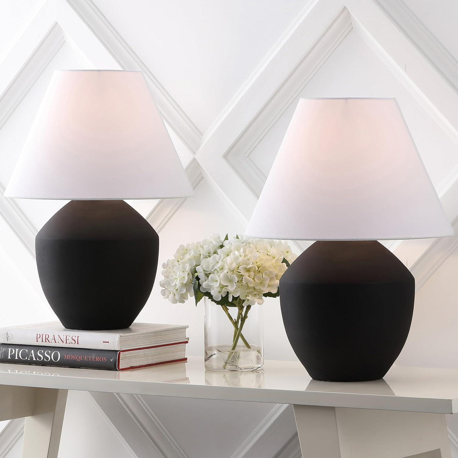 JONATHAN Y 20.5' Matte Black Minimalist Table Lamp Set of 2 for Living Room, Modern Scandinavian Bedside Lamps for Bedroom, White Linen Shade, LED Bulbs Included JYL5604A-SET2