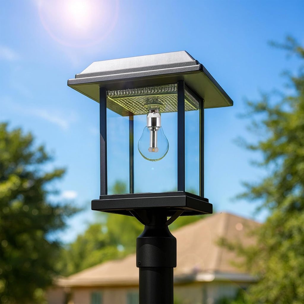 Gama Sonic Aspen II Solar Lamp Post Light Outdoor Waterproof, Black Aluminum with Clear Glass, 3-inch Fitter for Lamp Posts or Pier Mount (Sold Separately), Warm White 2700K, 8BE40012