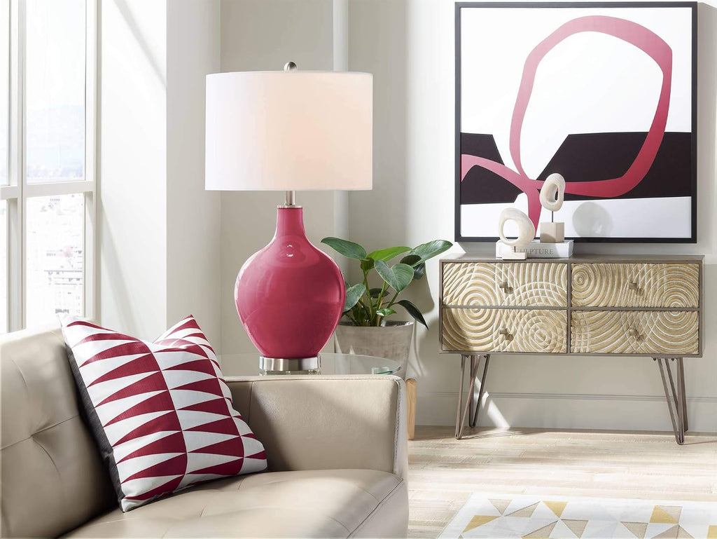 Color + Plus Modern Table Lamp 28.5' Tall Antique Red Glass OVO White Linen Drum Shade for Living Room Family Bedroom Bedside Nightstand Office