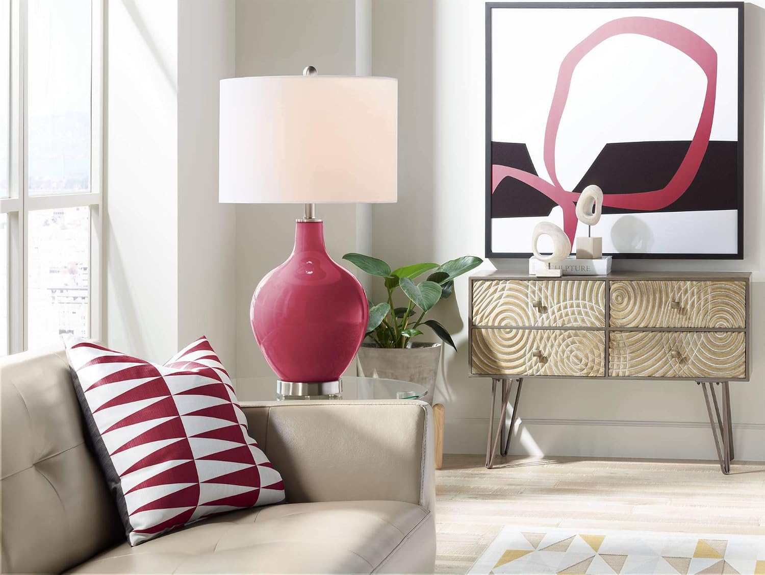 Color + Plus Modern Table Lamp 28.5' Tall Antique Red Glass OVO White Linen Drum Shade for Living Room Family Bedroom Bedside Nightstand Office
