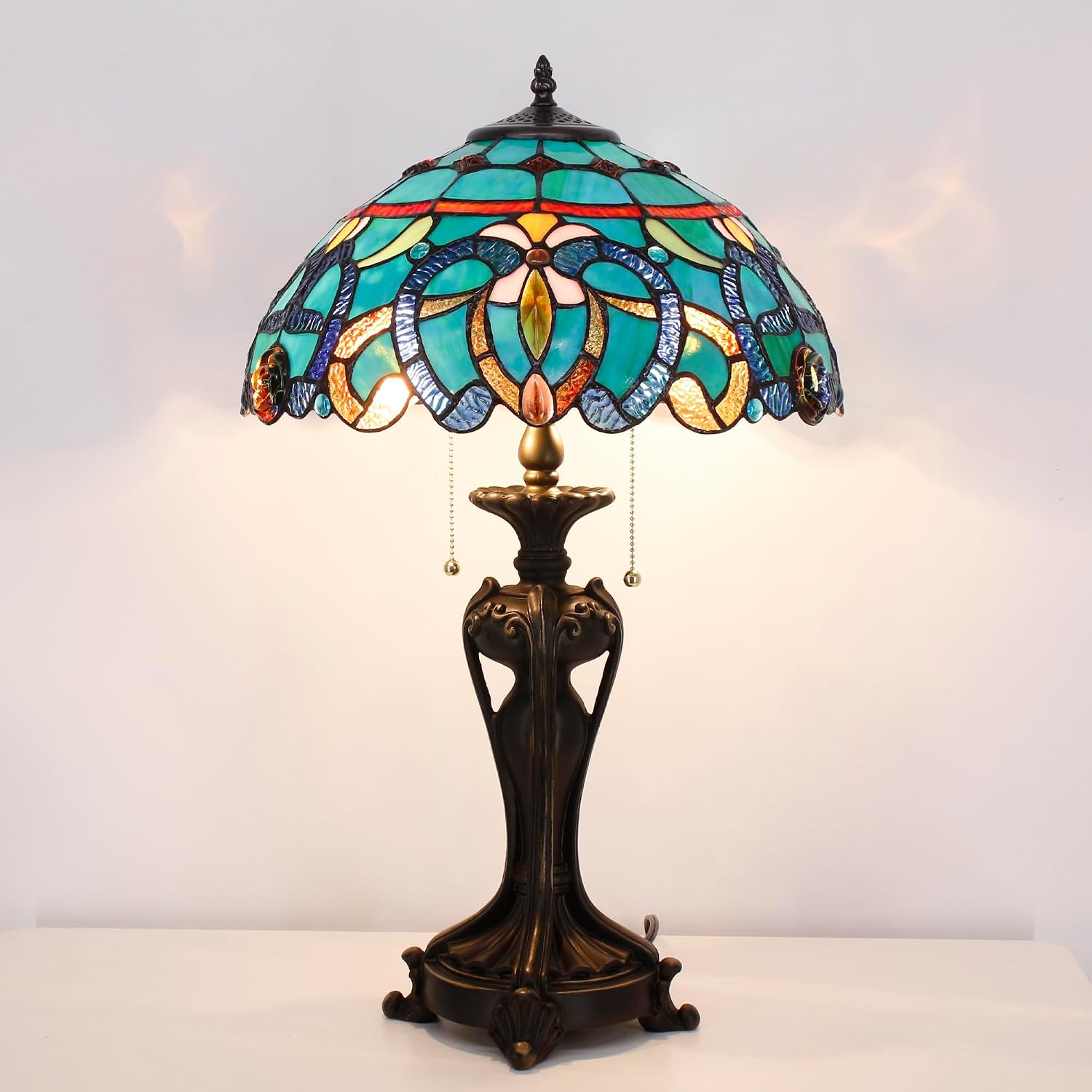 Tiffany Lamp(2 Lights) Stained Glass Table Lamp Bedside Desk Reading Light 16X16X24 Inch Decor Bedroom Living Room Home Office (Green Brown Jewelry)