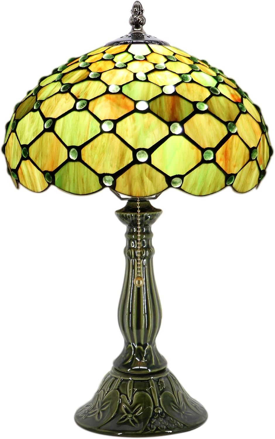 Tiffany Lamp Stained Glass Table Lamps Brownish Green Pearl Style Desk Lamp 12X12X18.5 Inch Bronze Ceramic Base Reading Light Suitable for Bedside Bedroom Living Room Dining Room Office