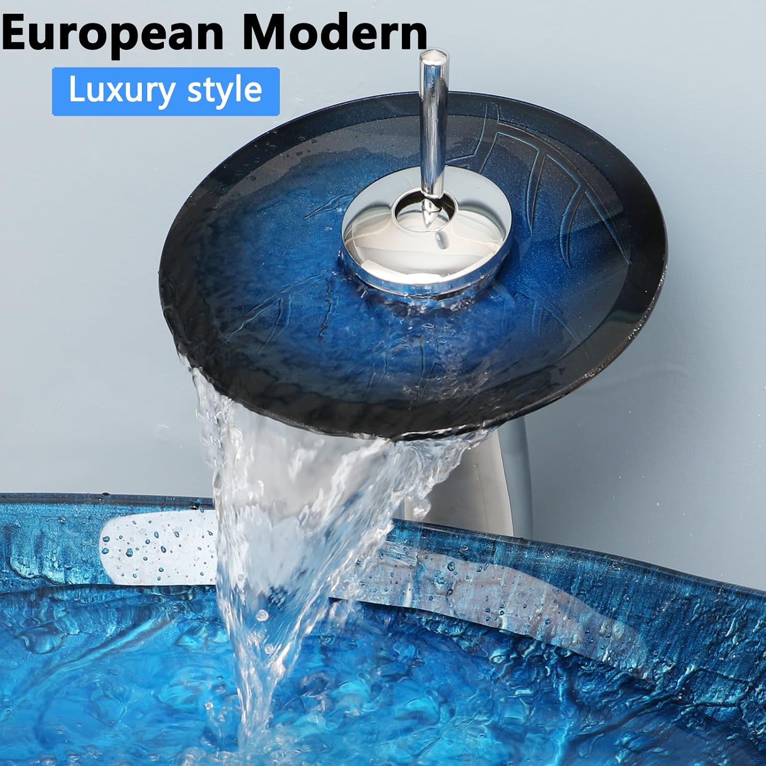 23'x14' Blue Bathroom Vessel Sink, Leaf Shape Tempered Glass Sinks And Faucet Combo, Washing Basin Bowl Waterfall Chrome Brass Pop Up Drain