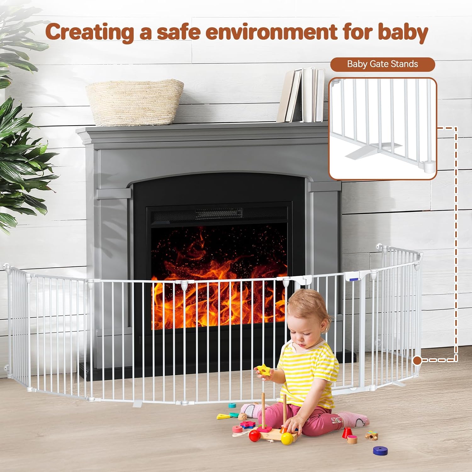 Baby Gate 27.5'-199' Extra-Wide Playpen with Stands Child Safety Fence | Play Yard, Dog Gate with Auto-Close Door, Double Locking System for Fireplace, Foldable 8 Panels, White 29' Height