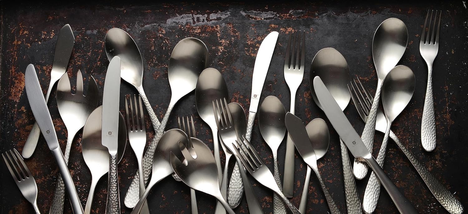 Danialli Matte Silverware Set, 18/10 Stainless Steel Satin Flatware, Modern Brushed Finish Cutlery, Dishwasher Safe & Durable, Built to Last (40-Piece, Sleek)
