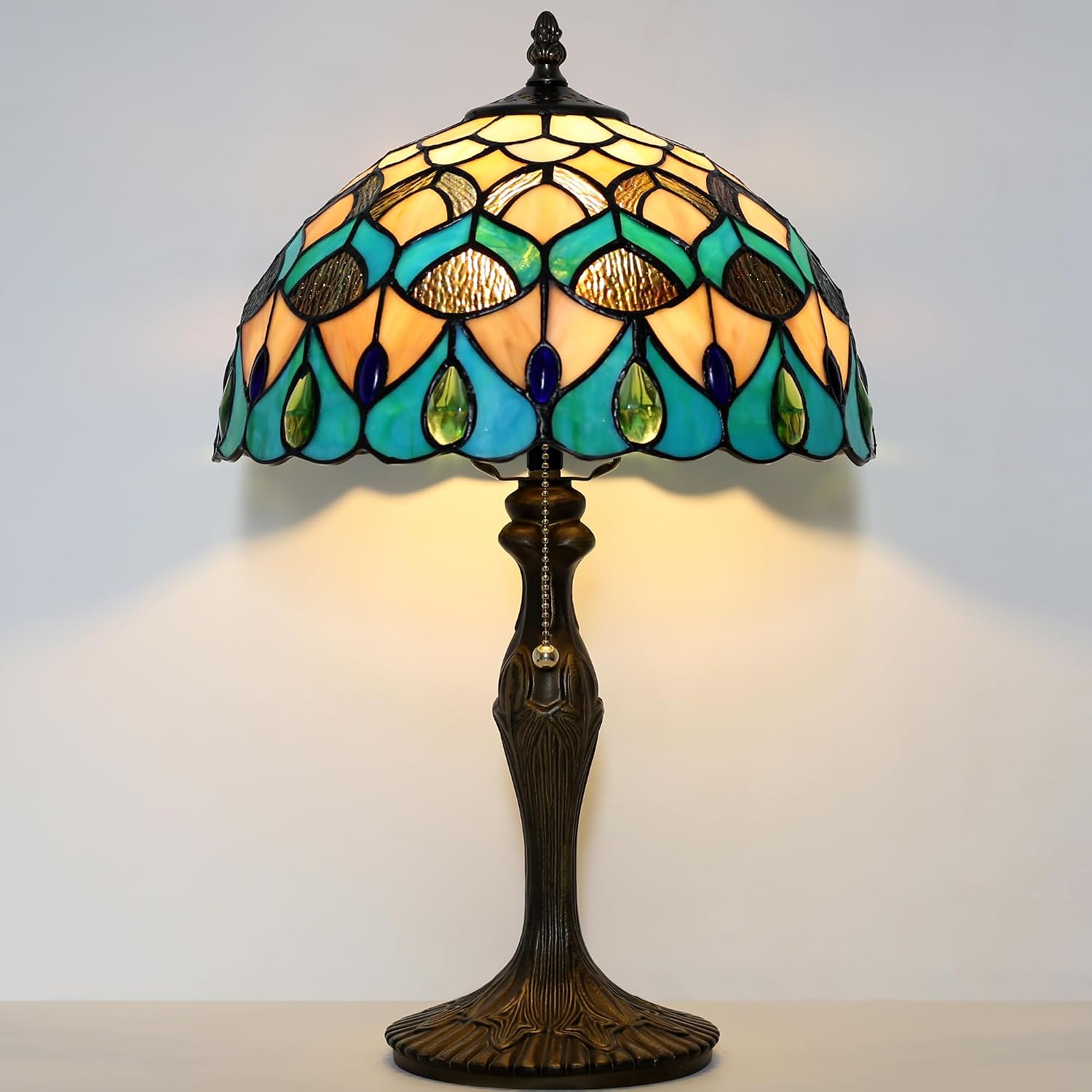 Tiffany Lamp Stained Glass Table Lamp Bedside Reading Lamp 12 x 19' Blue Phoenix Tail Style Decorative Lamp for Desk Study Living Room Bedroom Office Decor Gift