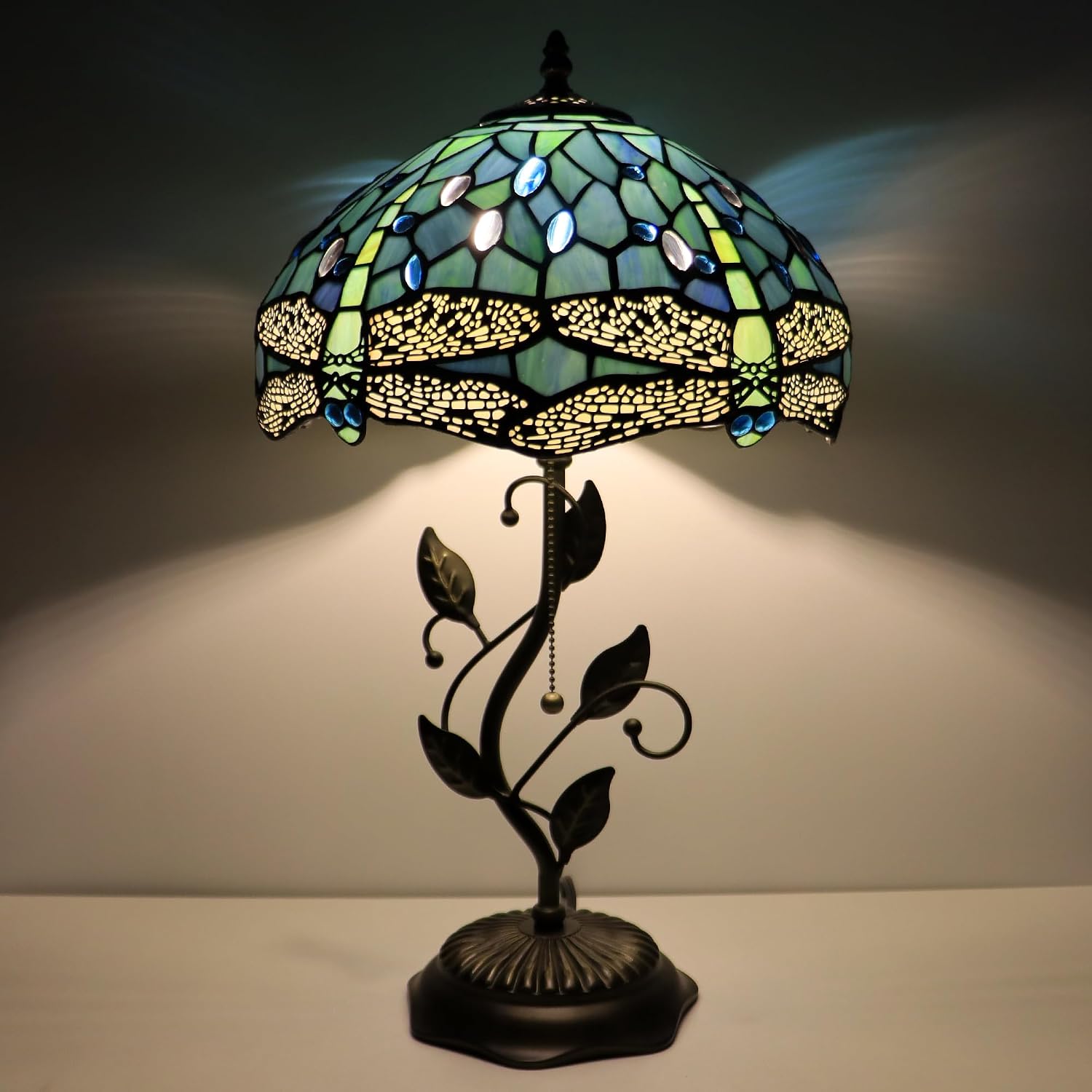 Tiffany Lamp Sea Blue Dragonfly Style Stained Glass Table Lamp Desk Bedside Reading Light 12X12X19 Inches with Metal Leaf Base