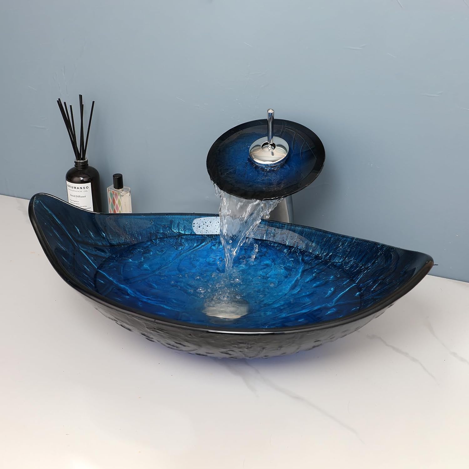 23'x14' Blue Bathroom Vessel Sink, Leaf Shape Tempered Glass Sinks And Faucet Combo, Washing Basin Bowl Waterfall Chrome Brass Pop Up Drain