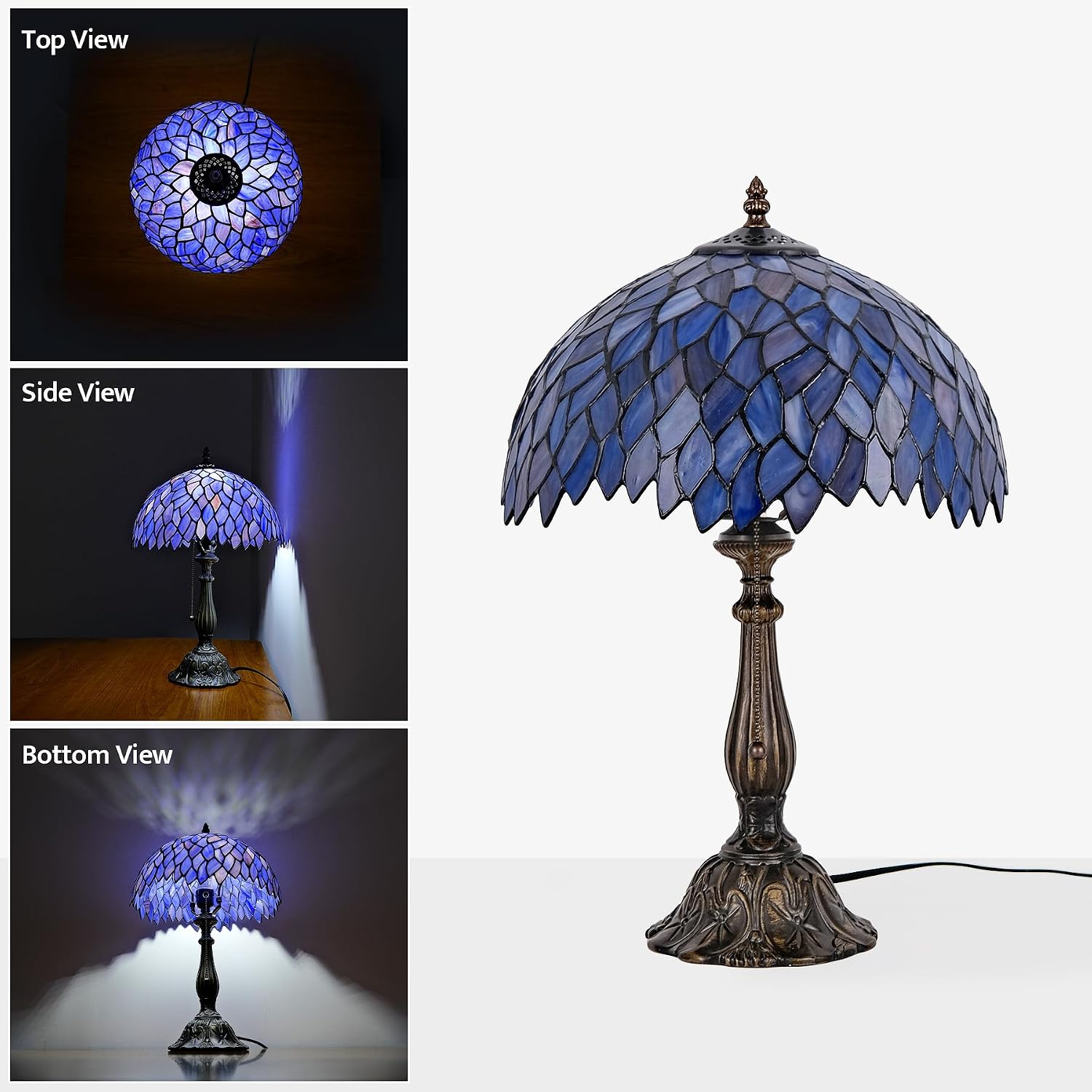 Tiffany Style Table Lamp Vintage Stained Glass Desk Lamp Deep Blue Purple Wisteria Bedside Reading Light Decor Bedroom Living Room Home Office D12 xH18