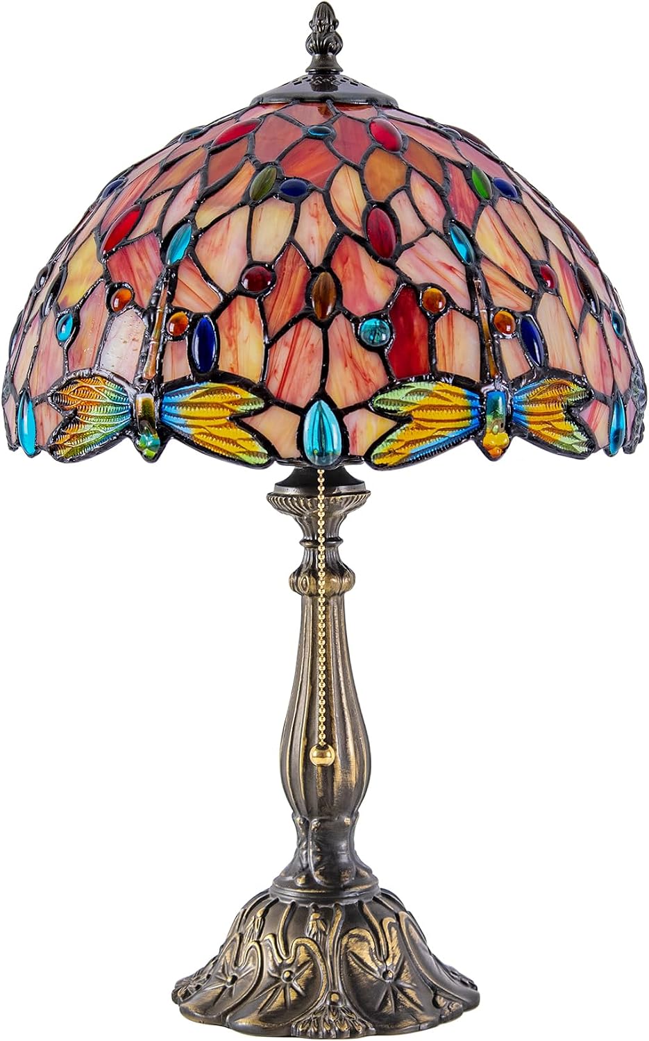 Tiffany Style Table Lamp Vintage Dragonfly Stained Glass Desk Lamp for Bedside Reading Bedroom Living Room Entry Home Office D12 xH18