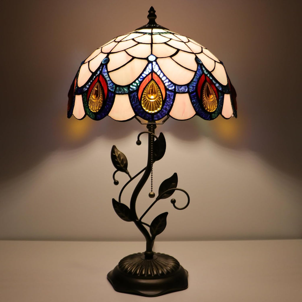 Tiffany Lamp Pink Peacock Tail Style Stained Glass Table Lamp Desk Bedside Reading Light 12X12X19 Inches with Metal Leaf Base