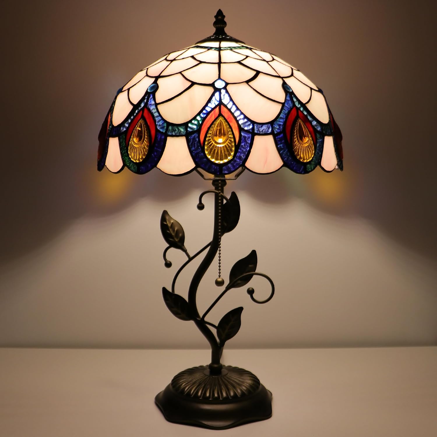 Tiffany Lamp Pink Peacock Tail Style Stained Glass Table Lamp Desk Bedside Reading Light 12X12X19 Inches with Metal Leaf Base