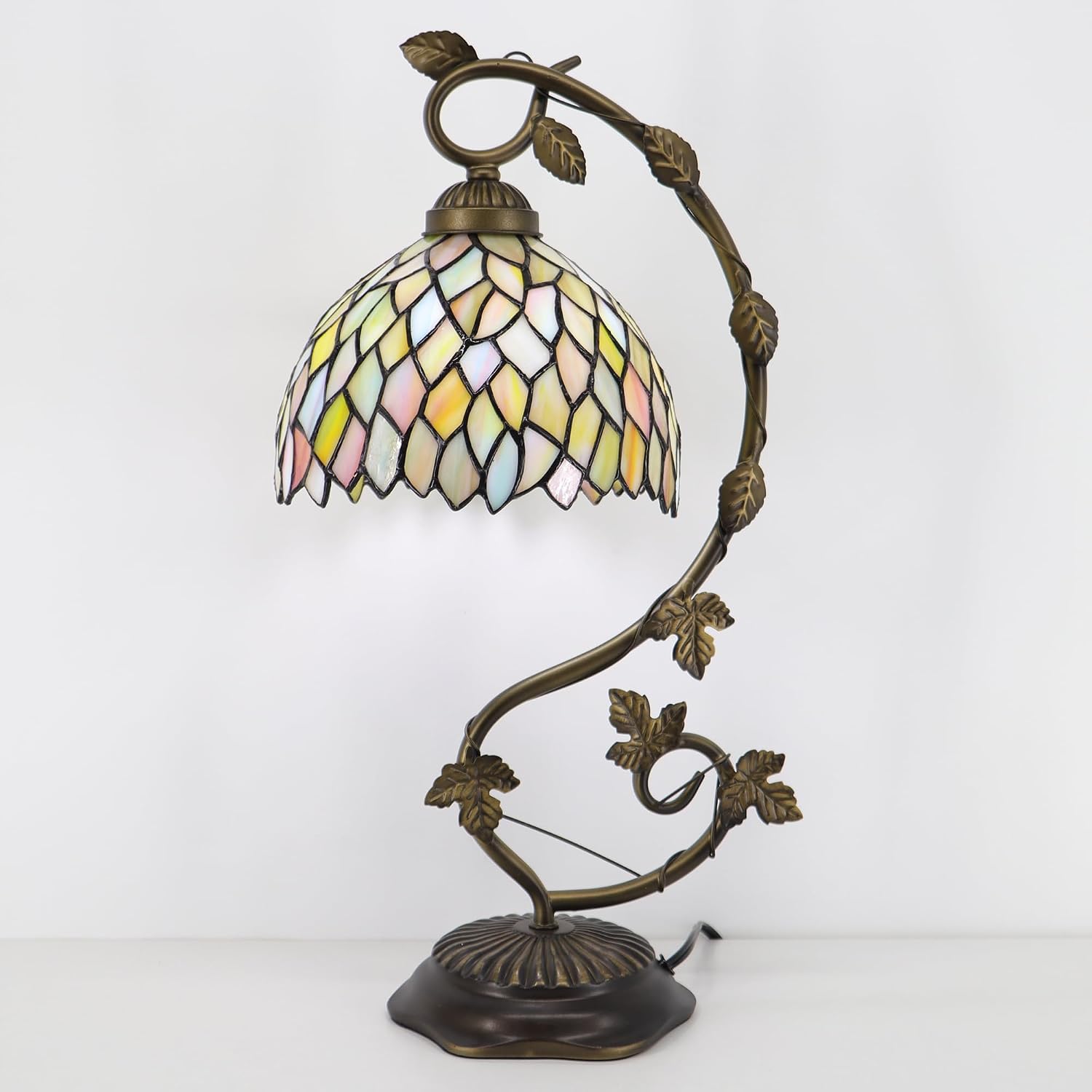 Tiffany Table Lamp, Stained Glass Desk Reading Light,Metal Leaf Table Lamp Base 8X10X21 Inches (Seven Color Wisteria)
