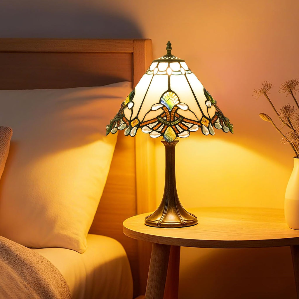12 Inch Baroque Style Tiffany Table Lamp, Vintage Stained Glass Desk Lamp with Remote Control, 3 Color Temperature & Brightness Level for Office Home Bedroom Living (White)