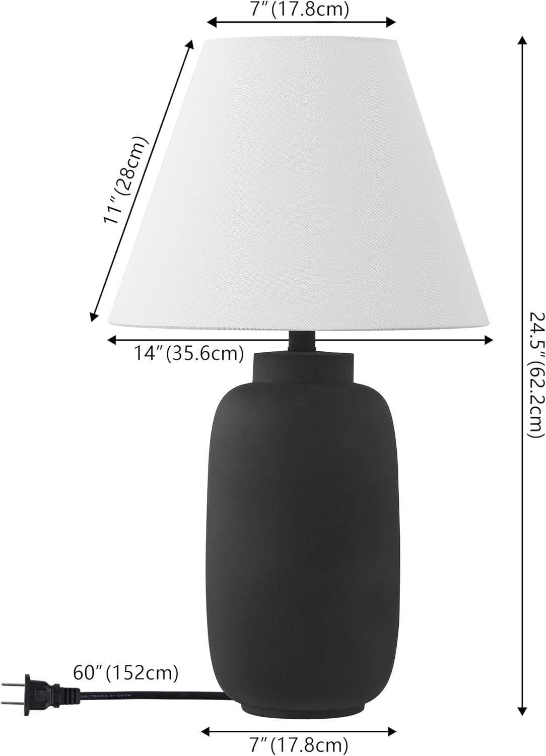 JONATHAN Y 24.5' Matte Black Modern Ginger Jar Table Lamp Set of 2 for Bedroom, Farmhouse Scandinavian Lamps for Nightstand, White Linen Shade, LED Bulbs Included JYL5603A-SET2