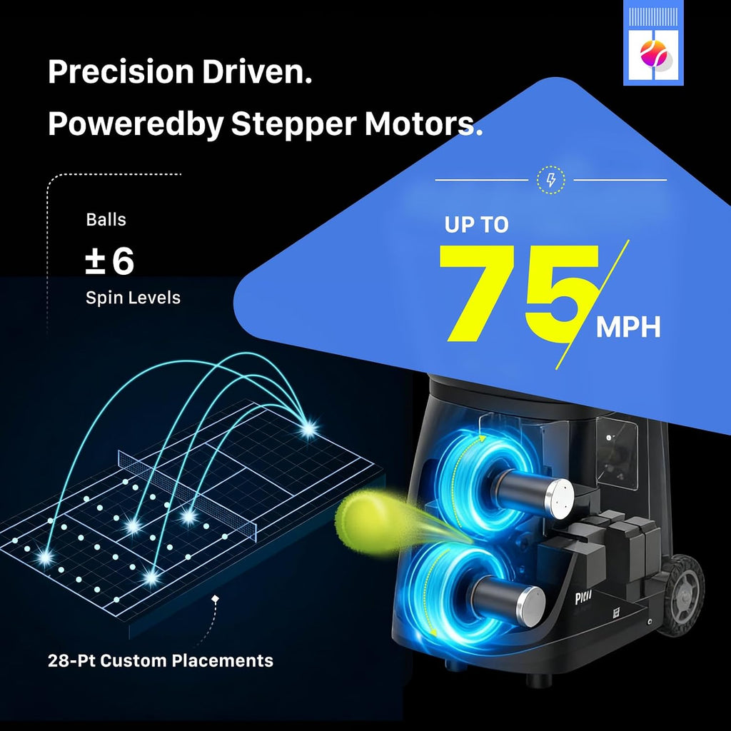 PUSUN｜PT-Smart Tennis Ball Machine: App Control with 12 Built-in Training Modes,6-Level Spin,28-Pt,75 MPH,32.6 lbs,100+ Ball,5H Battery, Portable, for Tennis/Padel,Training, Practice,Beginners to Pros