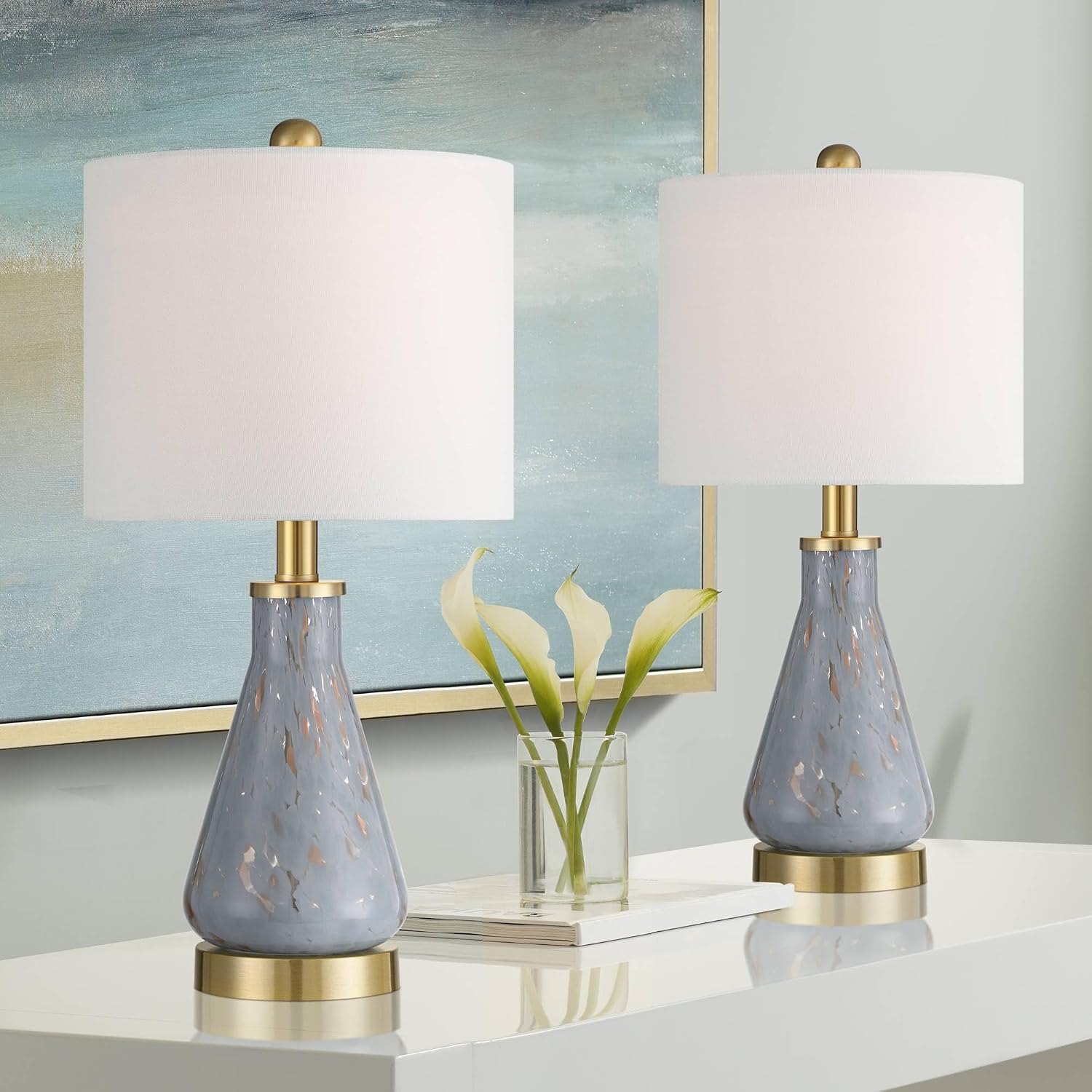 360 Lighting Alexia 20' High Small Modern Accent Table Lamps Set of 2 Gold Blue Finish Glass Fabric White Shade Living Room Bedroom Bedside Nightstand House Office Home Reading Kitchen Entryway