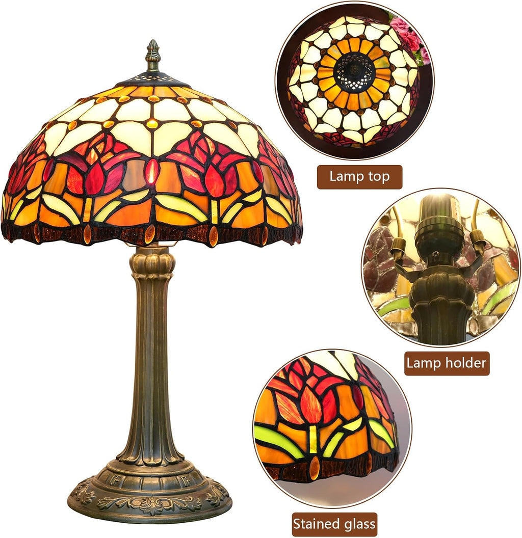 Red Tulip Tiffany Style Stained Glass Table Lamp Bed Room Bedside Reading Desk Light for Living Office Dormitory Bar Retro Unique Cute Accent Decor Cottage 12' Village Gift Nightstand Lamps