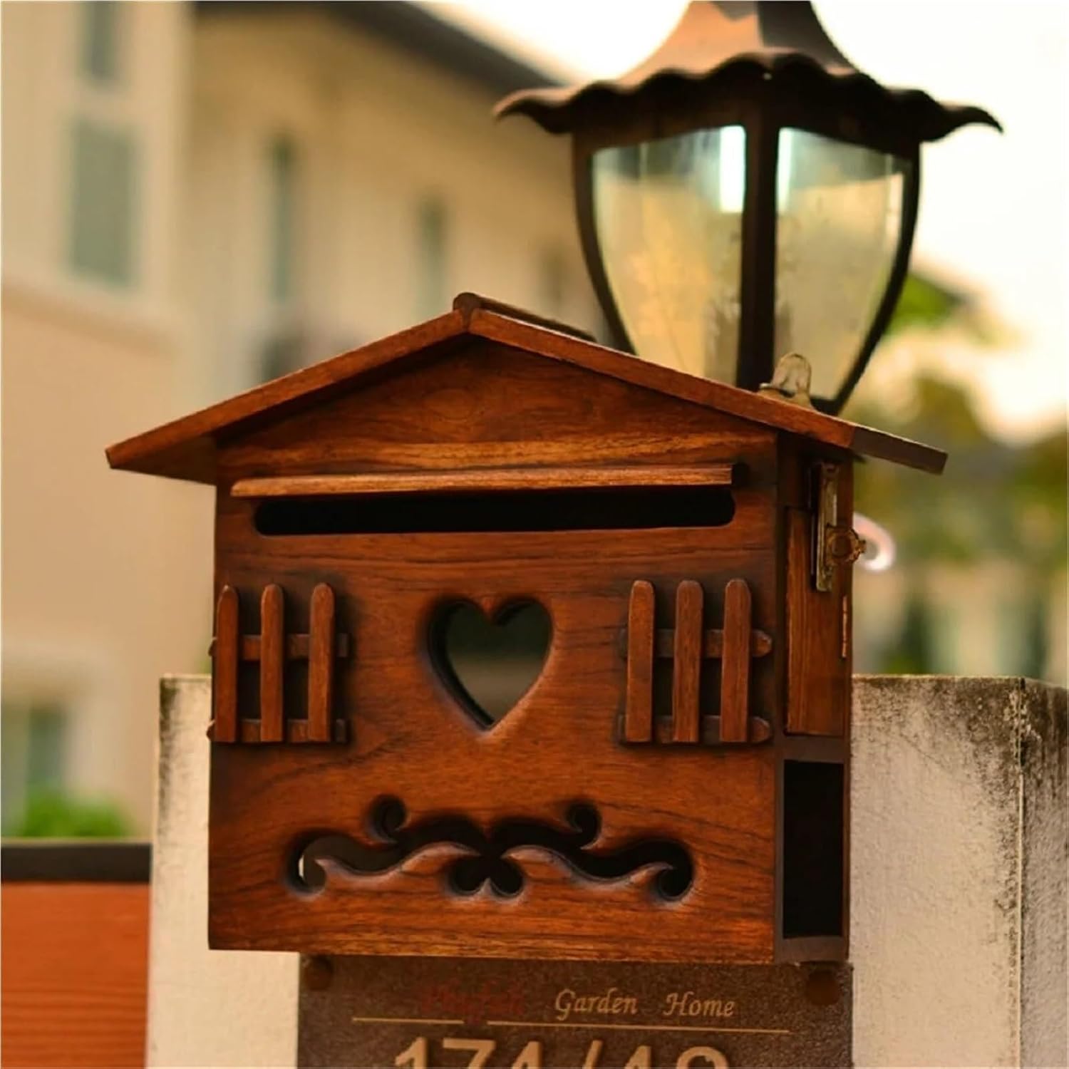 Heart Mailbox Wall Mount Drop Box House Letter Delivery Box Wooden Outdoor Curbside Mailbox Post Office Box Large Capacity(Large)