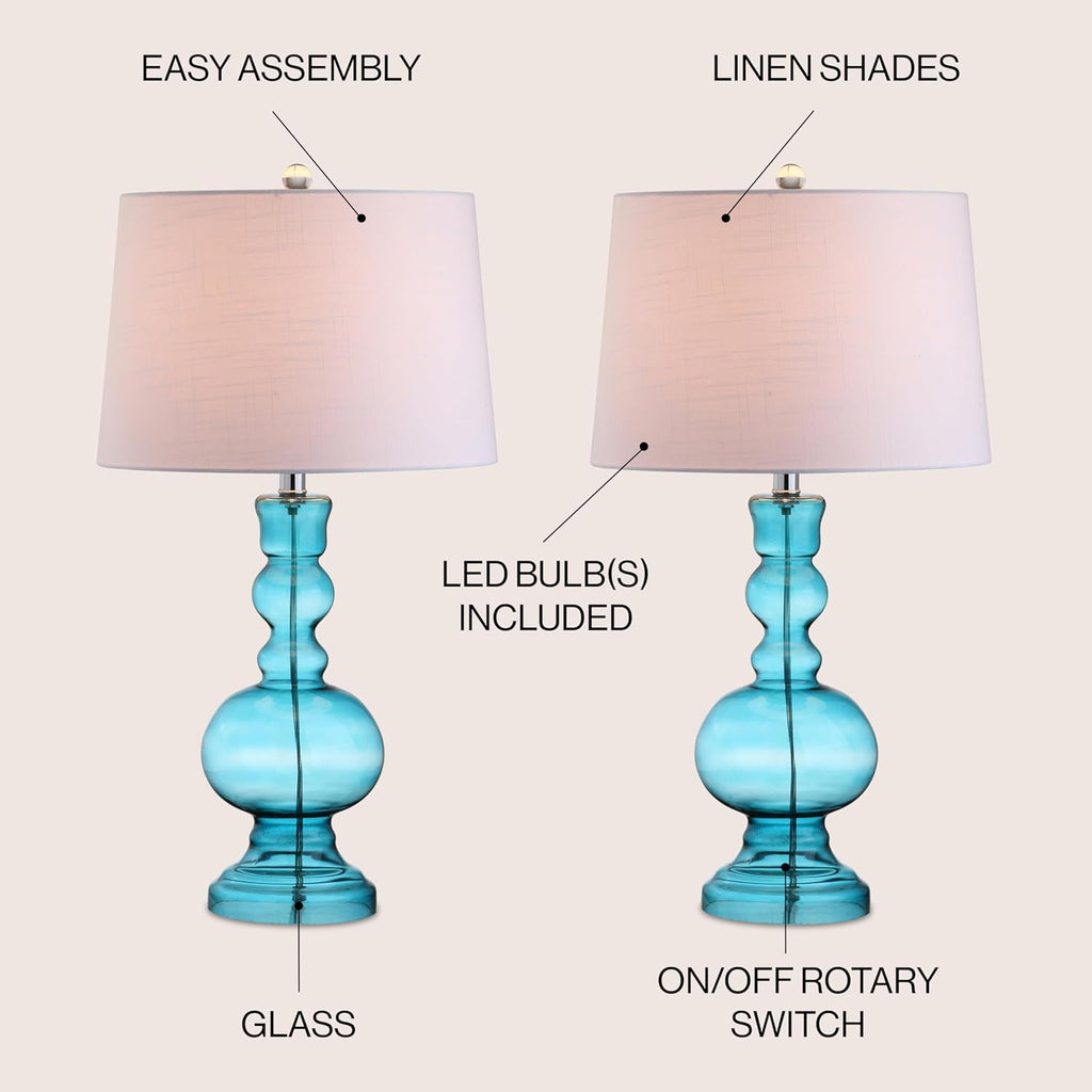 JONATHAN Y 28.5' Blue Glass Table Lamp Set of 2 for Living Room Bedroom Decor, Modern Bedside Lamps with White Linen Shade, LED Bulbs Included JYL1061A-SET2