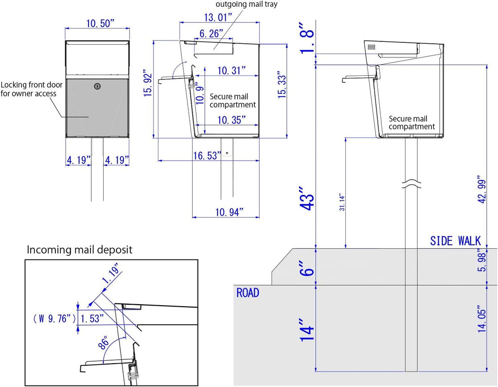 Signal - Stainless Steel Post Mount Modern Design Mailbox with Lock and Key Extra Large Letterbox Rust Proof for Modern Home House Apartment Rural Roadside 16' x 11' x 13' (Black)