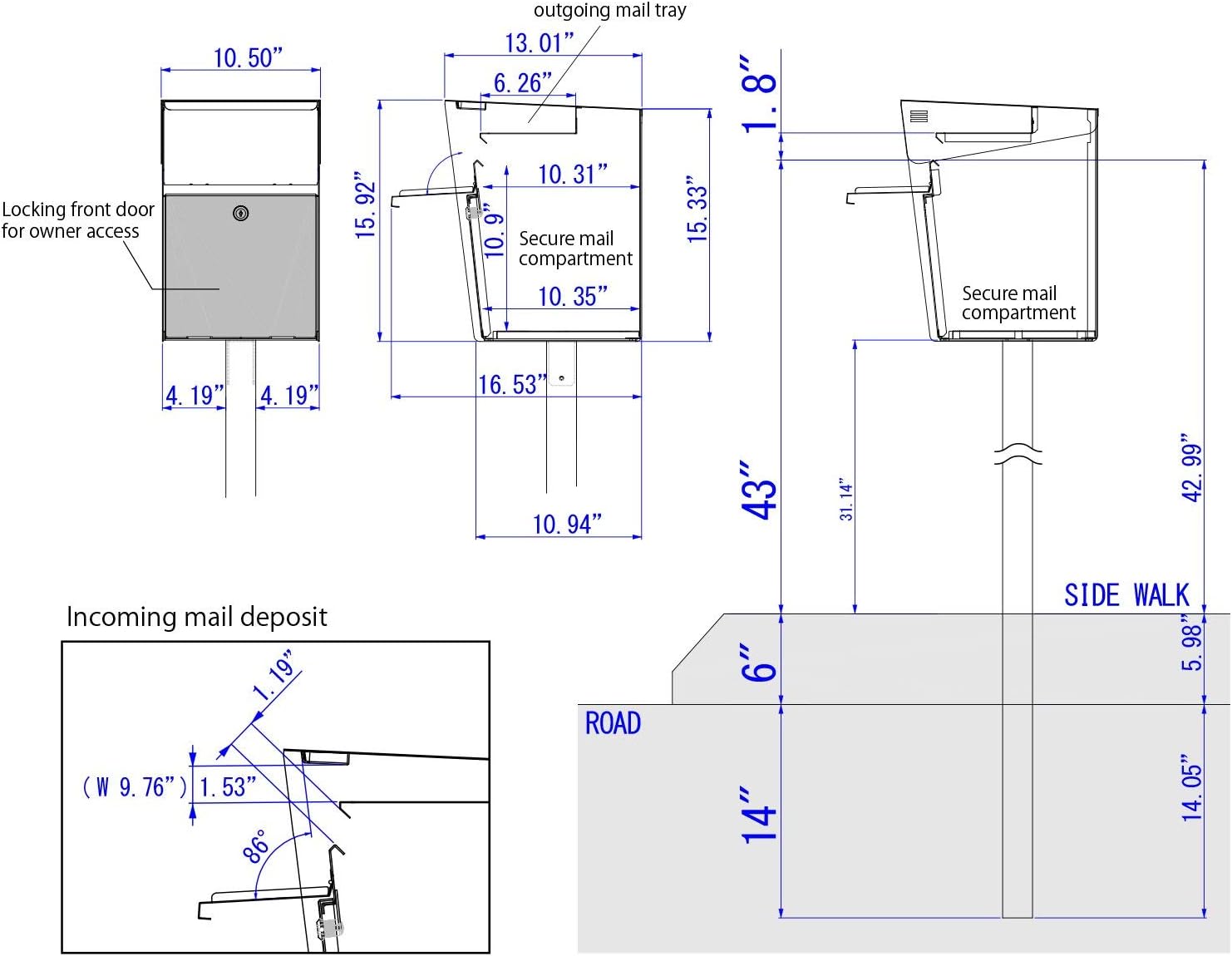 Signal - Stainless Steel Post Mount Modern Design Mailbox with Lock and Key Extra Large Letterbox Rust Proof for Modern Home House Apartment Rural Roadside 16' x 11' x 13' (Black)