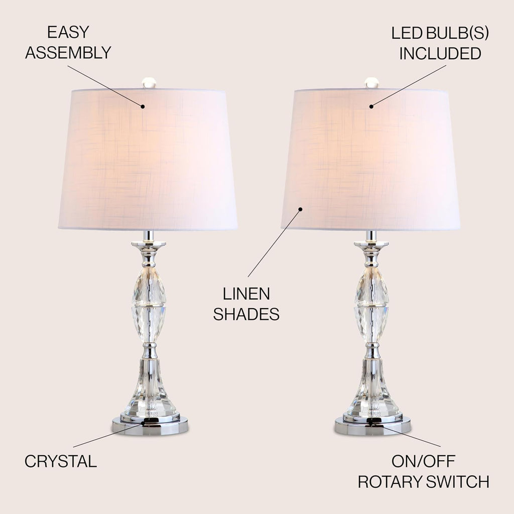 JONATHAN Y 25.5' Clear/Chrome Crystal Table Lamp Set of 2 for Bedroom, Traditional French Country Lamps for Living Room, White Linen Drum Shade, LED Bulbs Included JYL2041A-SET2