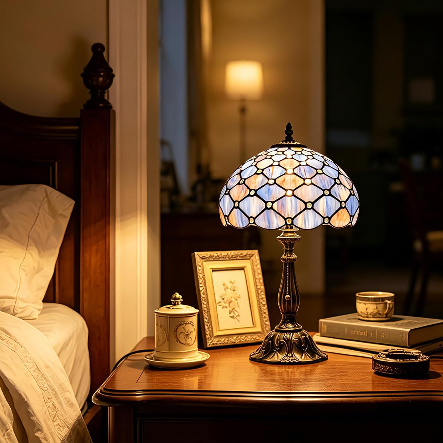 Tiffany Lamp Vintage Deep Blue Stained Glass Bead Table Lamp Desk Bedside Reading Light Decor Bedroom Living Room Home Office D12*H18 Inches