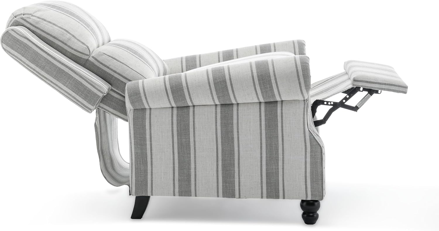 Pushback Recliner Chair, Comfy Fabric Wingback Recliner Chair, Upholstered Armchair Push Back Recliner with Wood Legs, Rivet Trim Single Sofa Accent Chair for Living Room, Bedroom, Gray Stripe
