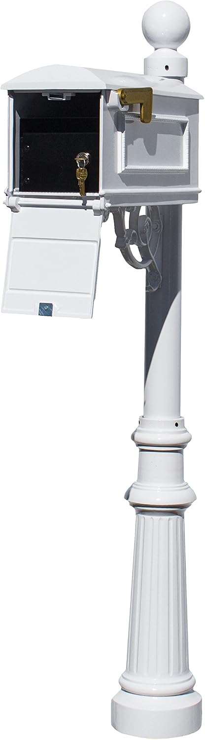 LML-804-WH Lewiston Rust Free Cast Aluminum Locking Mailbox System with Post, Decorative Ball Finial & Fluted Base, White
