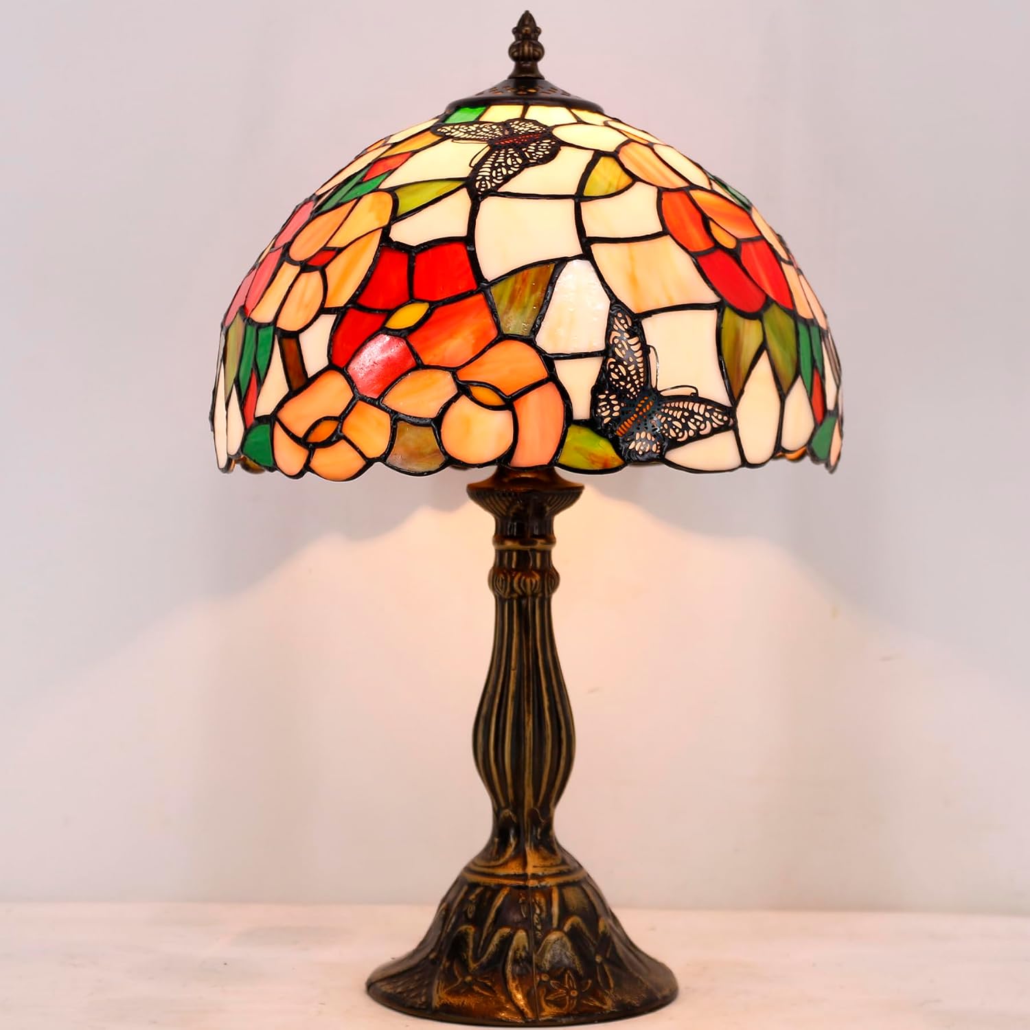 WERFACTORY Tiffany Table Lamp Bedside Pink Stained Glass Lamp Butterfly Style Reading Desk Light 12X12X18 Inches Decor Bedroom Living Room Home Office S275 Series