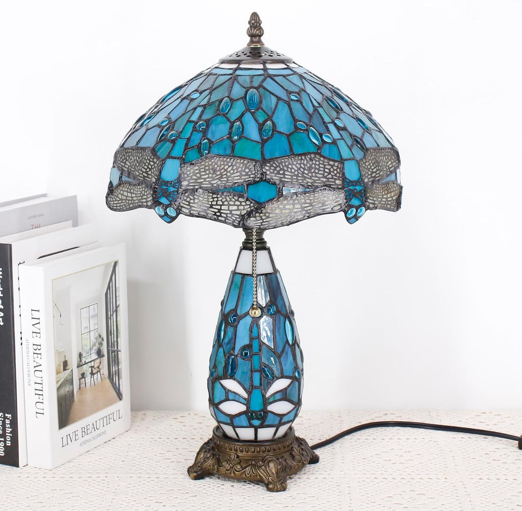Tiffany Lamp Stained Glass Table Lamp 12X19 Inches Mother Daughter Vase Desk Accent Night Light for Bedroom Bedside Reading Home Antique Style (Green Dragonfly)