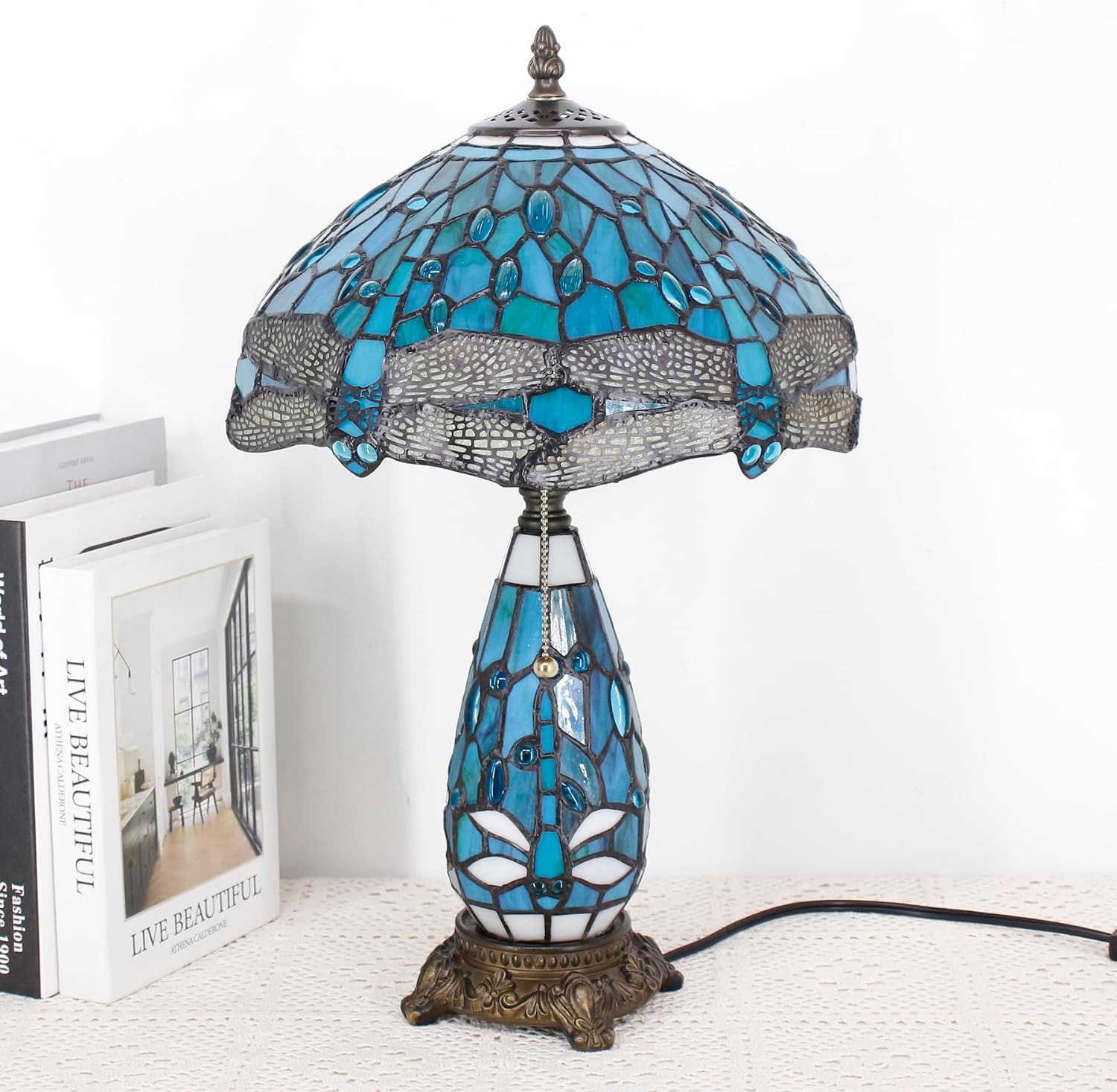 Tiffany Lamp Stained Glass Table Lamp 12X19 Inches Mother Daughter Vase Desk Accent Night Light for Bedroom Bedside Reading Home Antique Style (Green Dragonfly)