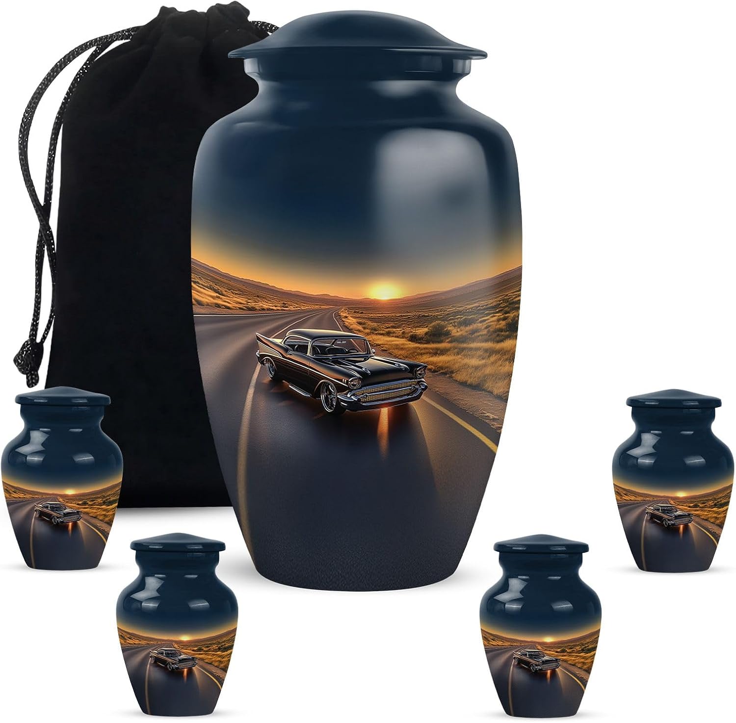 Black Car Funeral Cremation Urns for Ashes Adult - Sunset Large Memorial Urn for Human Ashes - Classic Car Urns - Small Decorative Burial Ash Holder for Adult Male, Set of 5-10 Inch, 3 Inch