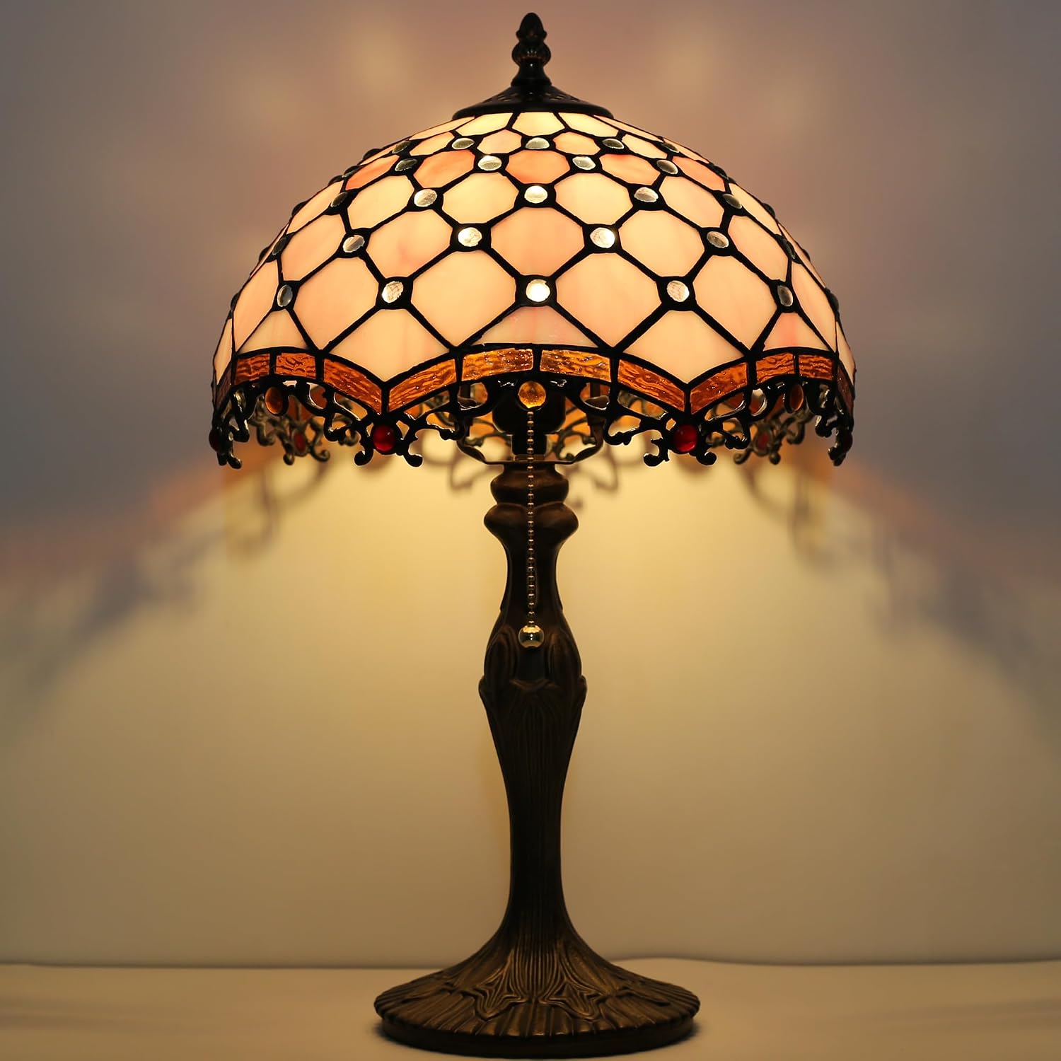 Tiffany Lamp Stained Glass Table Lamp 12 x 19' Pink Beads Style Bedside Reading Lamp Decorative Light for Desk Living Room Bedroom Office Study Light Home Decor Gift