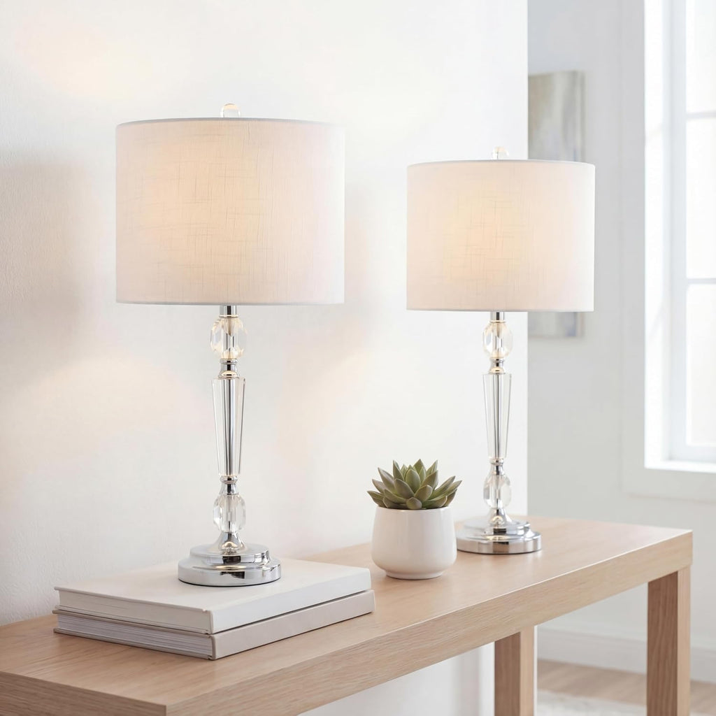JONATHAN Y 27' Clear Crystal LED Table Lamp Set of 2, Modern Glam Candlestick Bedside Lamps for Living Room Bedroom, Chrome, White Linen Drum Shade, LED Bulbs Included JYL2047A-SET2