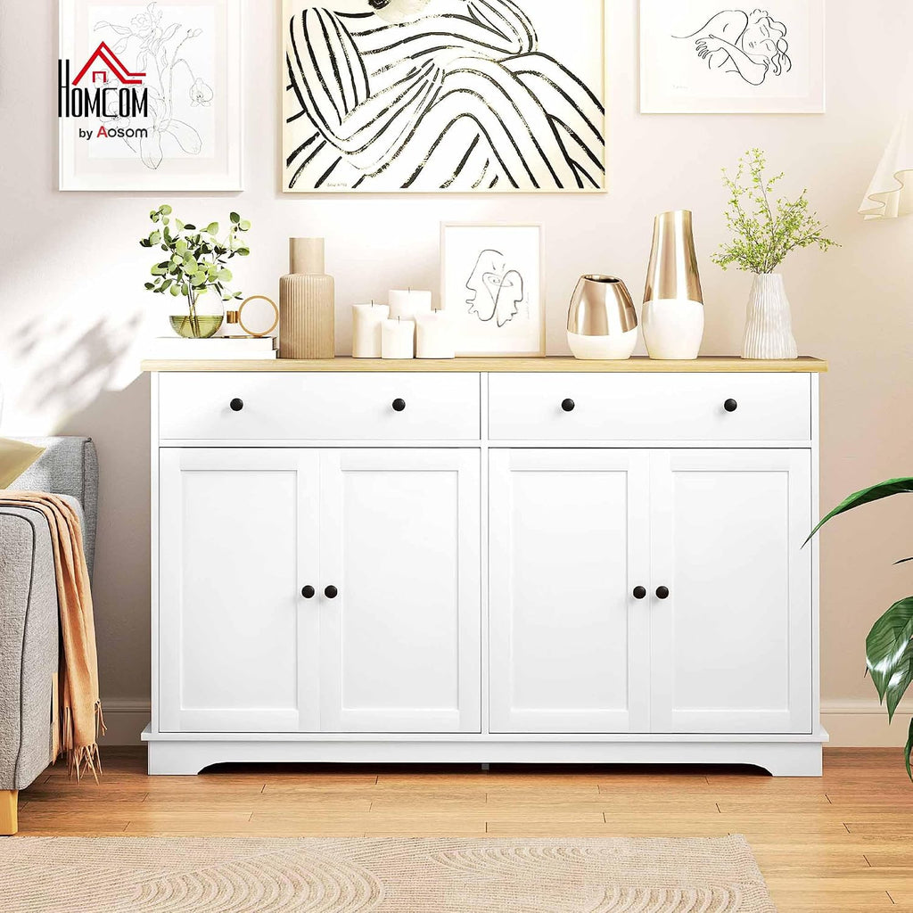 HOMCOM Sideboard Buffet Cabinet with Storage, 55' Modern Kitchen Cabinet with 4 Doors, 2 Drawers and 2 Adjustable Shelves, Coffee Bar Cabinet, White