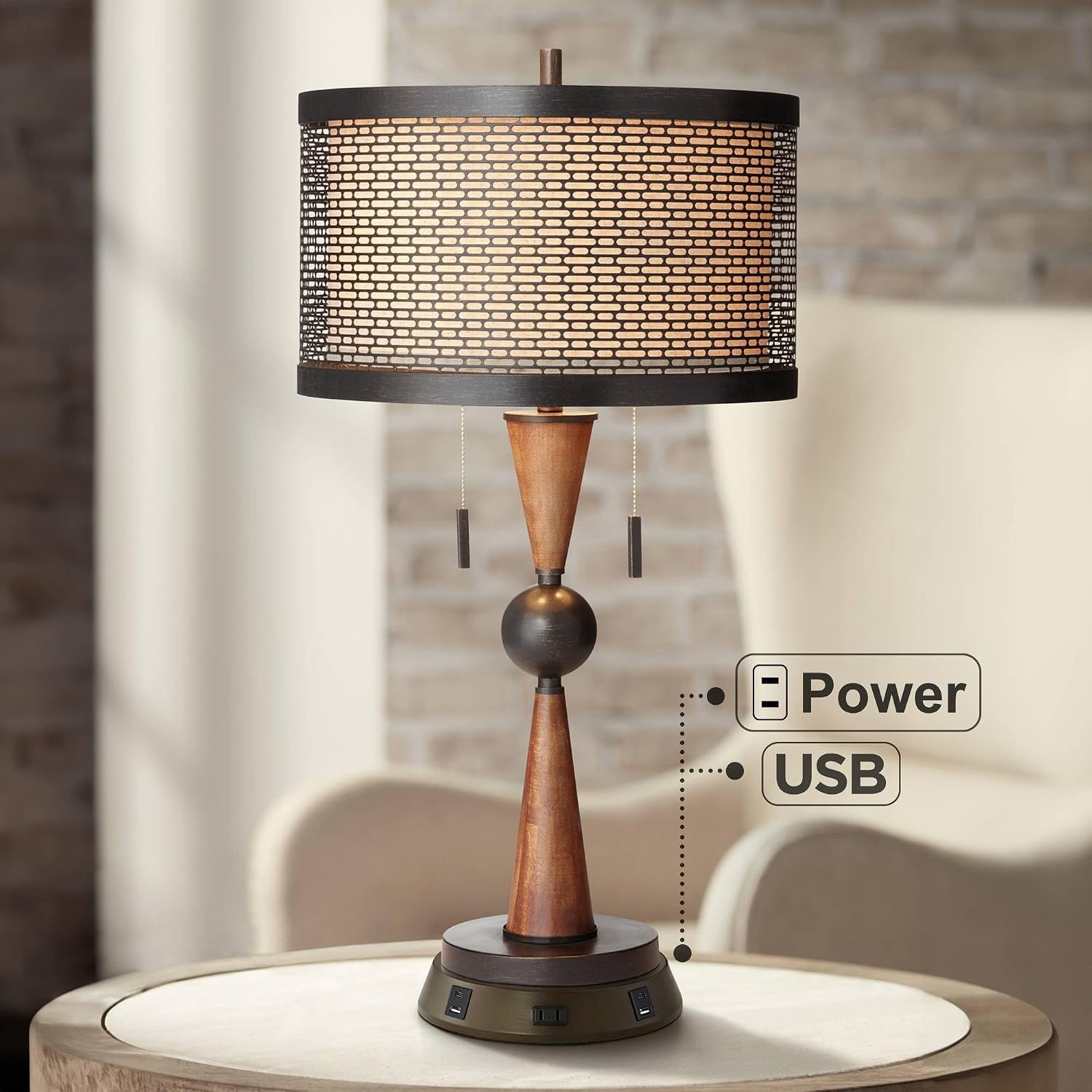 Franklin Iron Works Hunter Rustic Farmhouse Table Lamp with USB and AC Power Outlet Workstation Charging Base 28.75' Tall Bronze Cherry Wood Double Drum Shade for Living Room Bedroom House Bedside